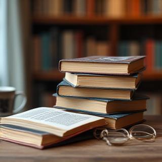 Böcker staplade på ett bord i en mysig bokhandel